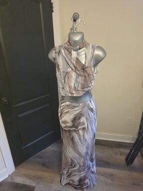 Fashion Nova Taupe Marble Print Maxi Skirt